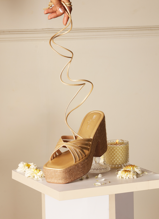 Sitara – Gold Strappy Jute Wedges