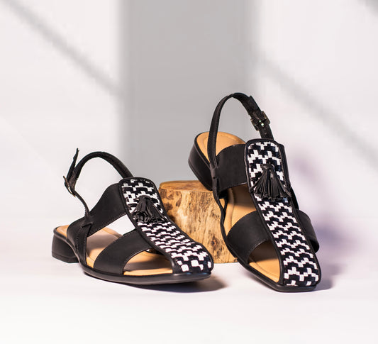 Black Palatine Chevron Tasseled Sandals for MEN